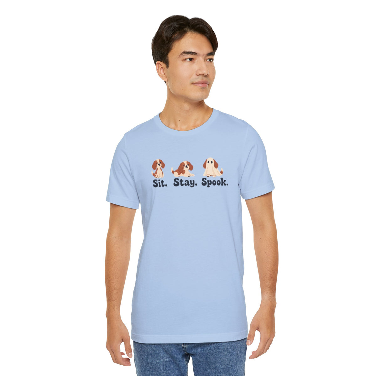 Halloween Dog Tee — "Sit. Stay. Spook." Cute Puppy Ghost Graphic Shirt