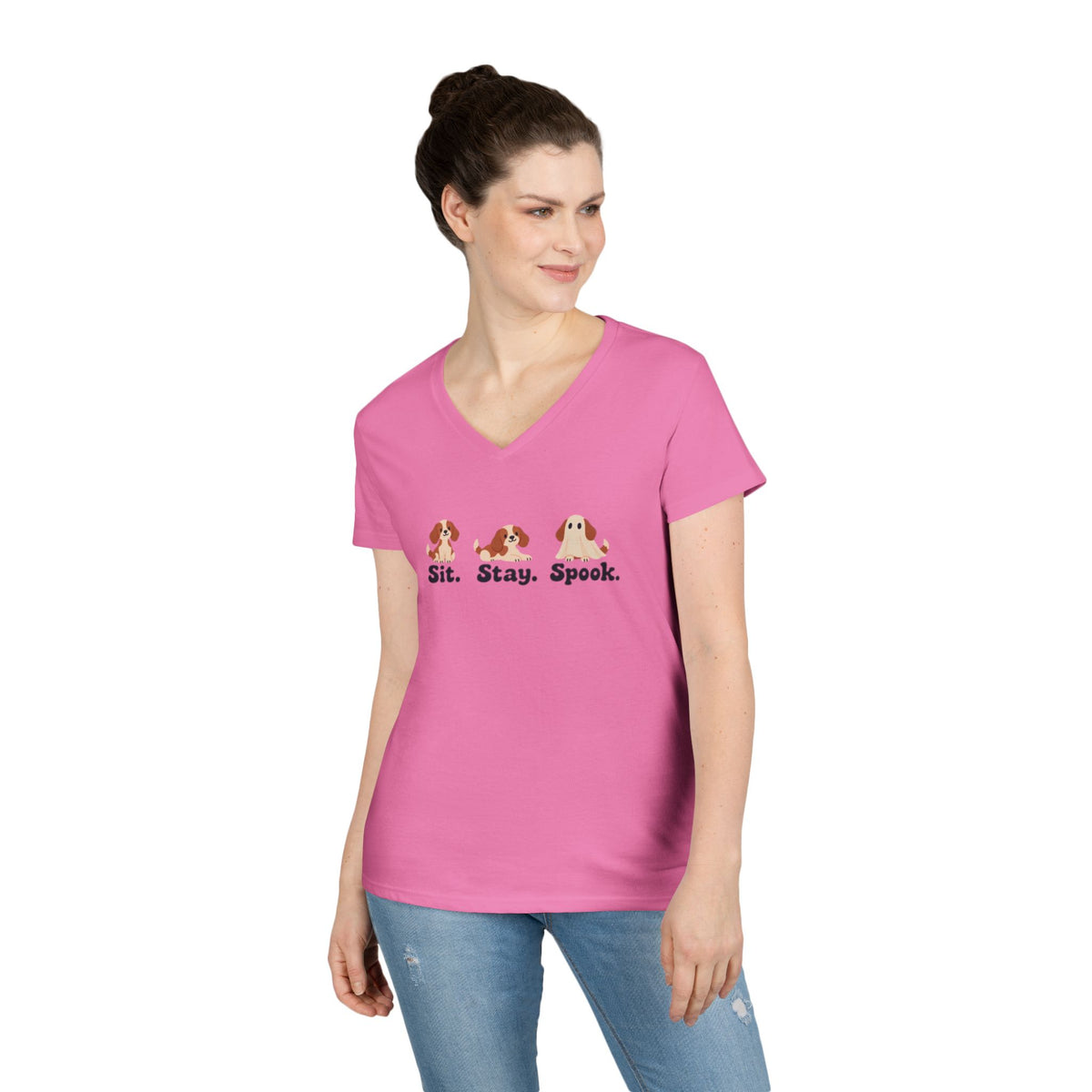 Ladies' V-Neck T-Shirt — Cute Halloween Dog Tee “Sit. Stay. Spook.”