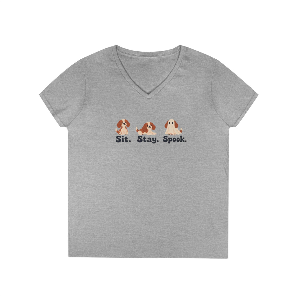 Ladies' V-Neck T-Shirt — Cute Halloween Dog Tee “Sit. Stay. Spook.”