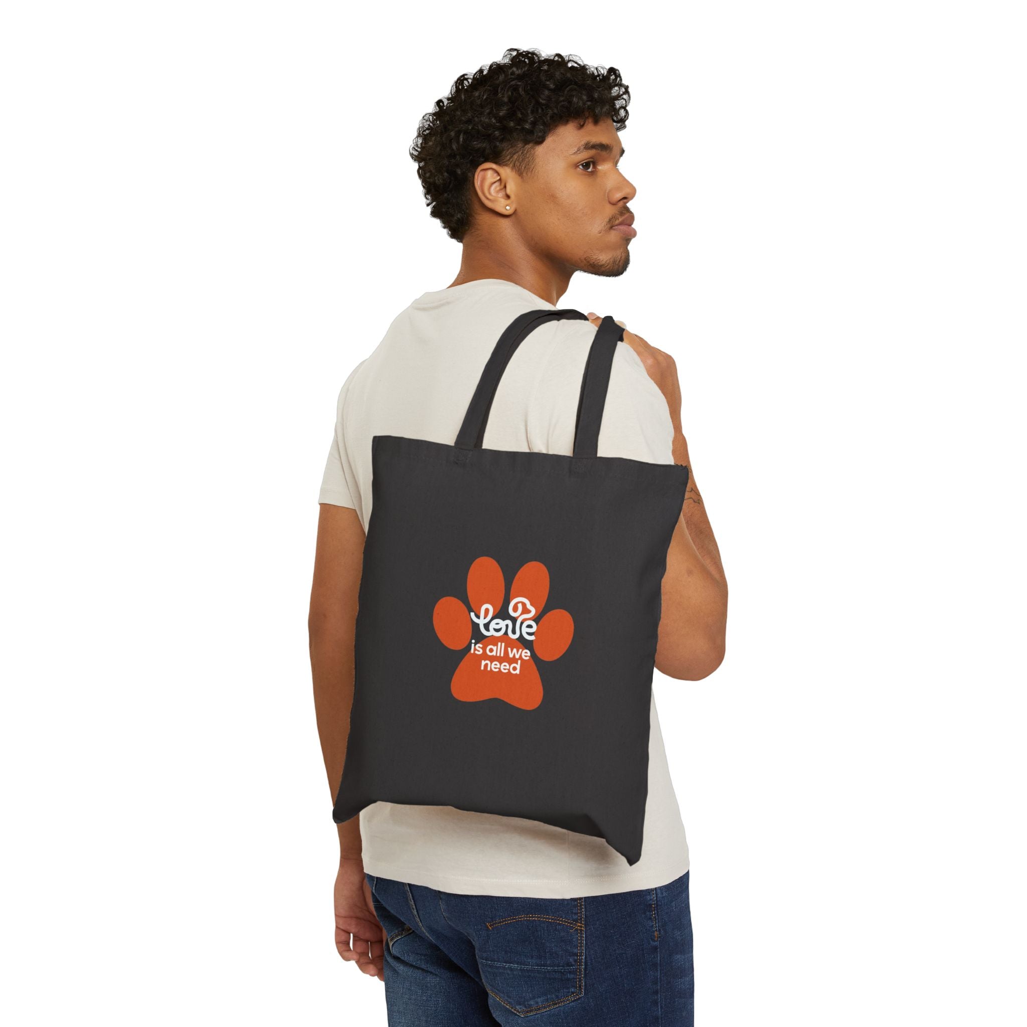 Tote Bag — Orange Paw Print "Love is all we need" Cotton Canvas Tote