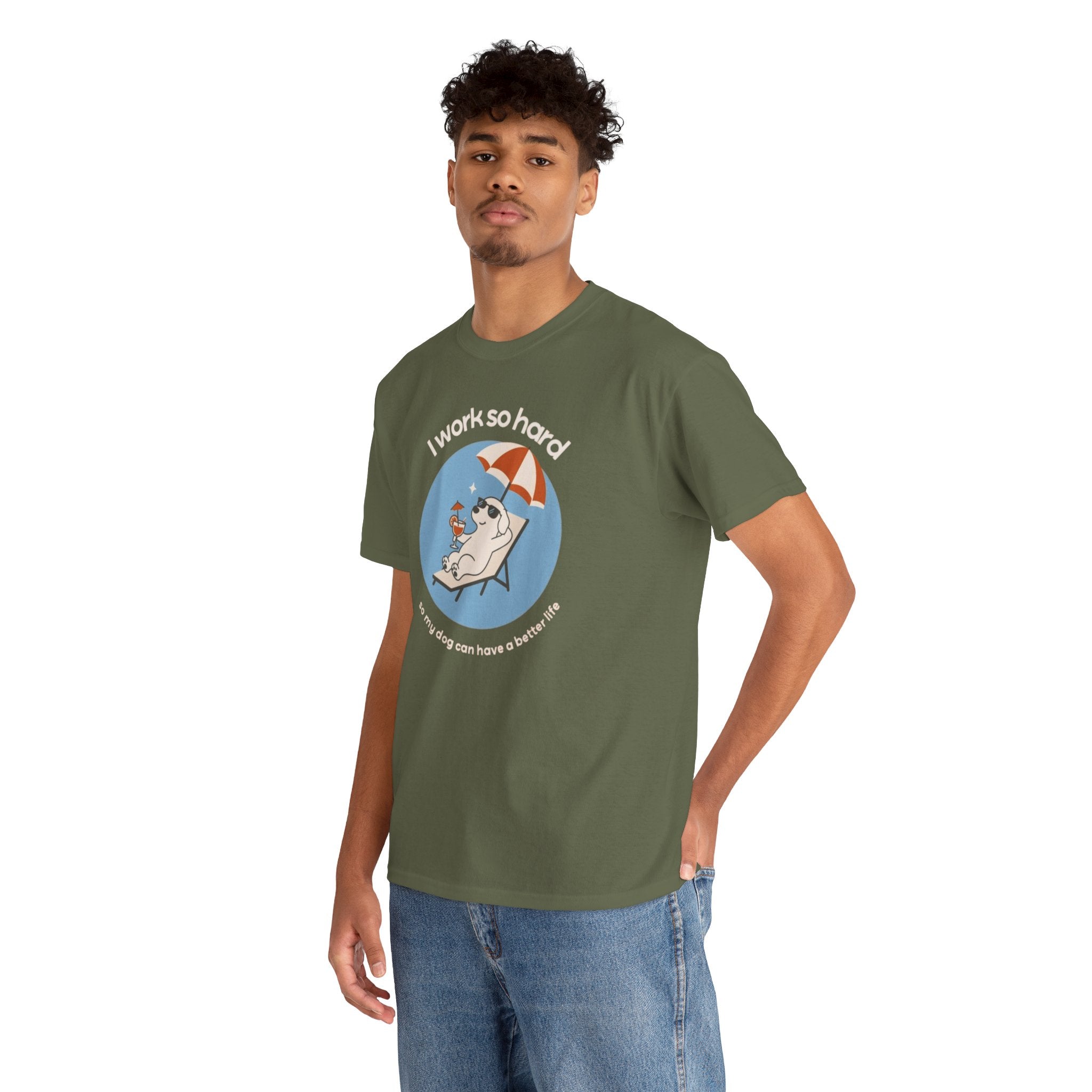 I Work So Hard Tee — Funny Dog Relaxing on Beach Graphic T‑Shirt