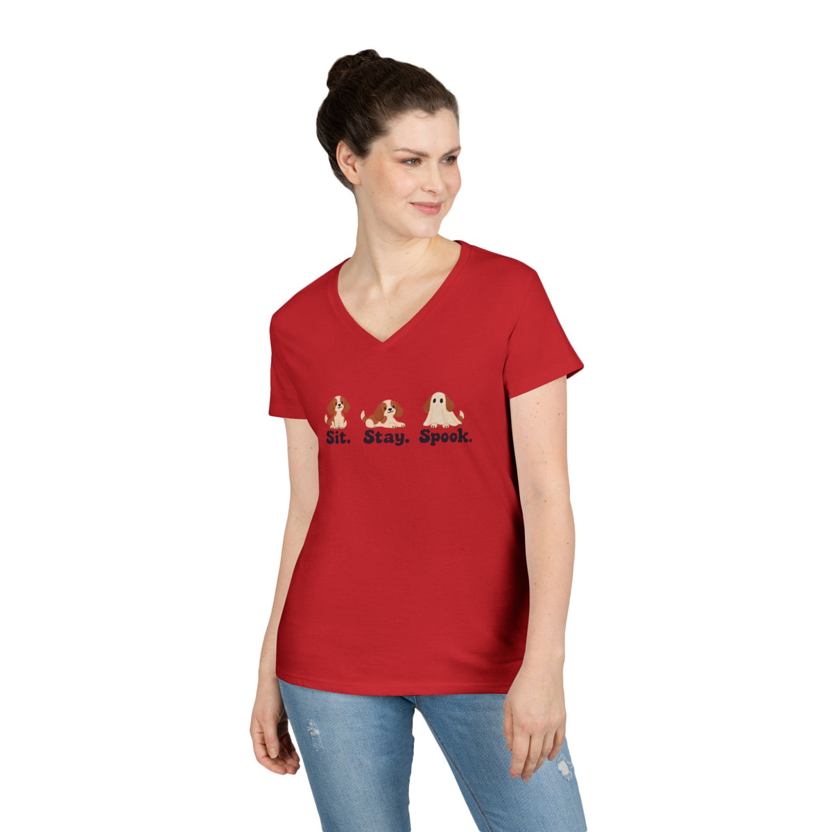 Ladies' V-Neck T-Shirt — Cute Halloween Dog Tee “Sit. Stay. Spook.”