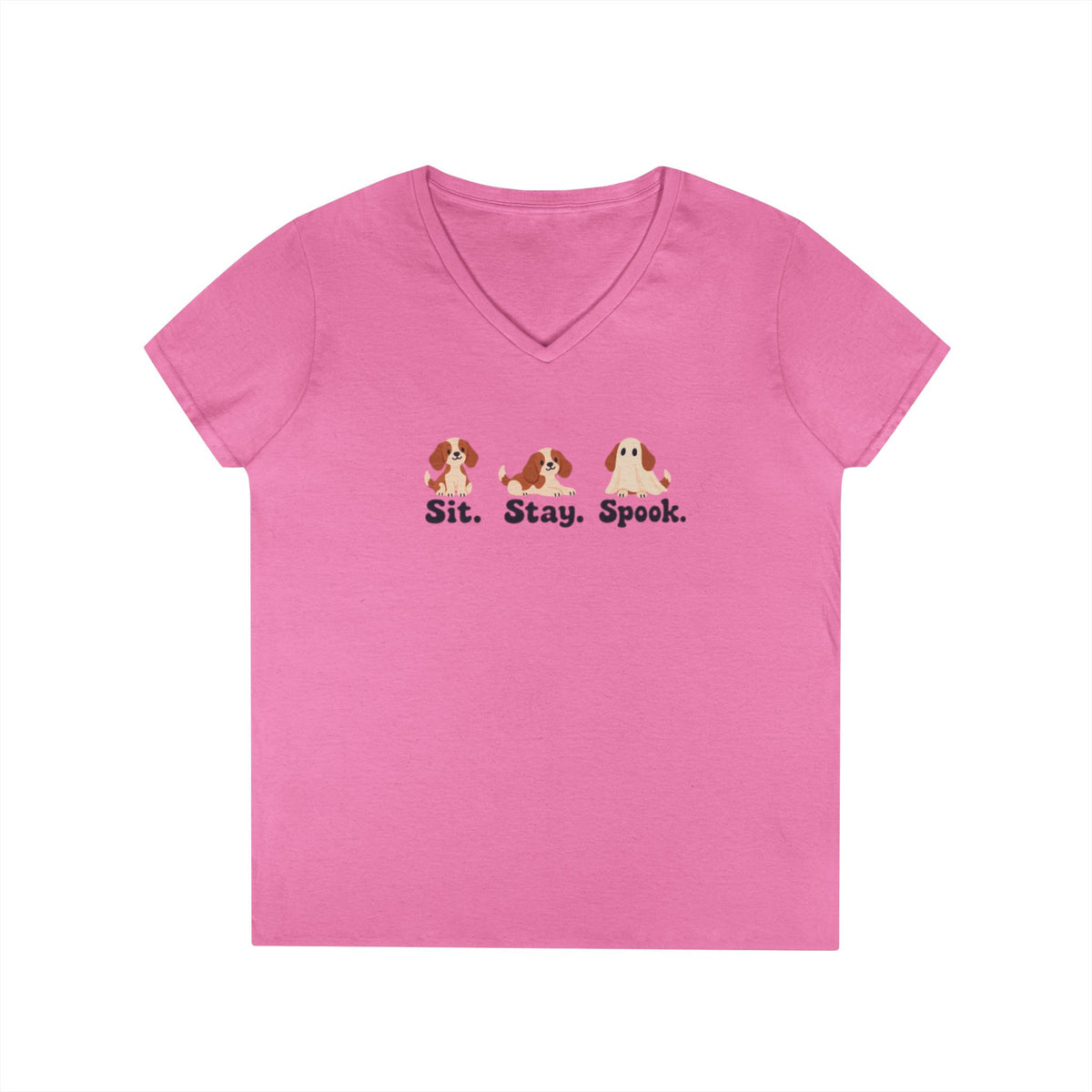 Ladies' V-Neck T-Shirt — Cute Halloween Dog Tee “Sit. Stay. Spook.”
