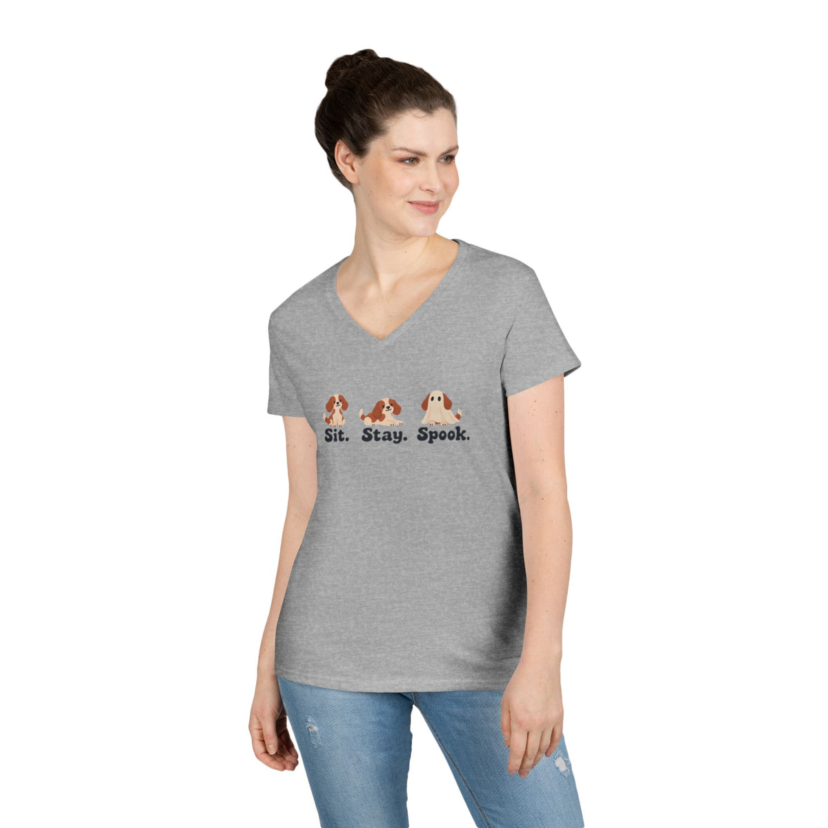 Ladies' V-Neck T-Shirt — Cute Halloween Dog Tee “Sit. Stay. Spook.”
