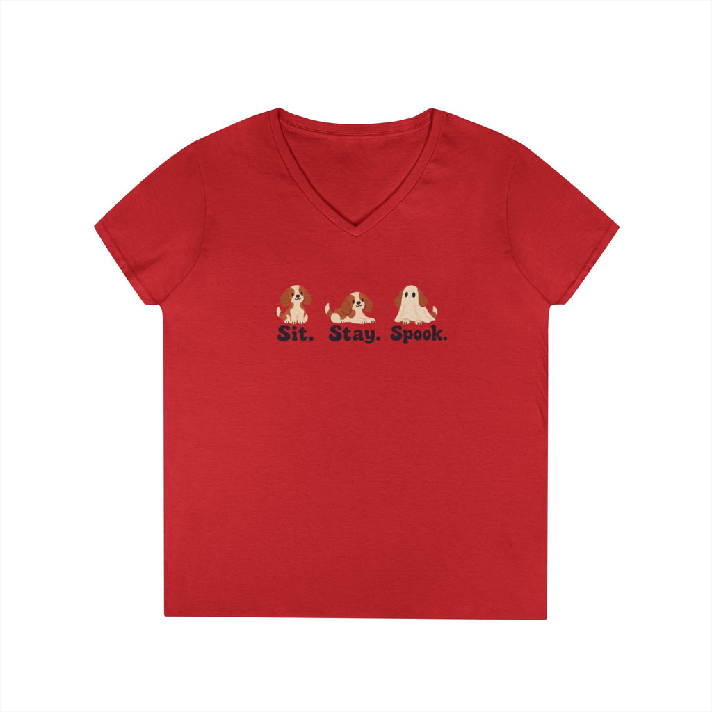 Ladies' V-Neck T-Shirt — Cute Halloween Dog Tee “Sit. Stay. Spook.”