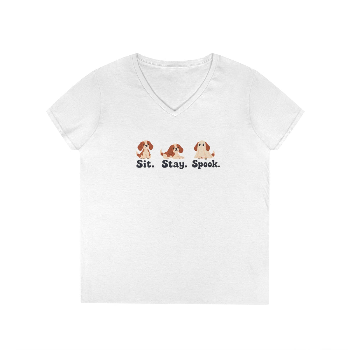 Ladies' V-Neck T-Shirt — Cute Halloween Dog Tee “Sit. Stay. Spook.”