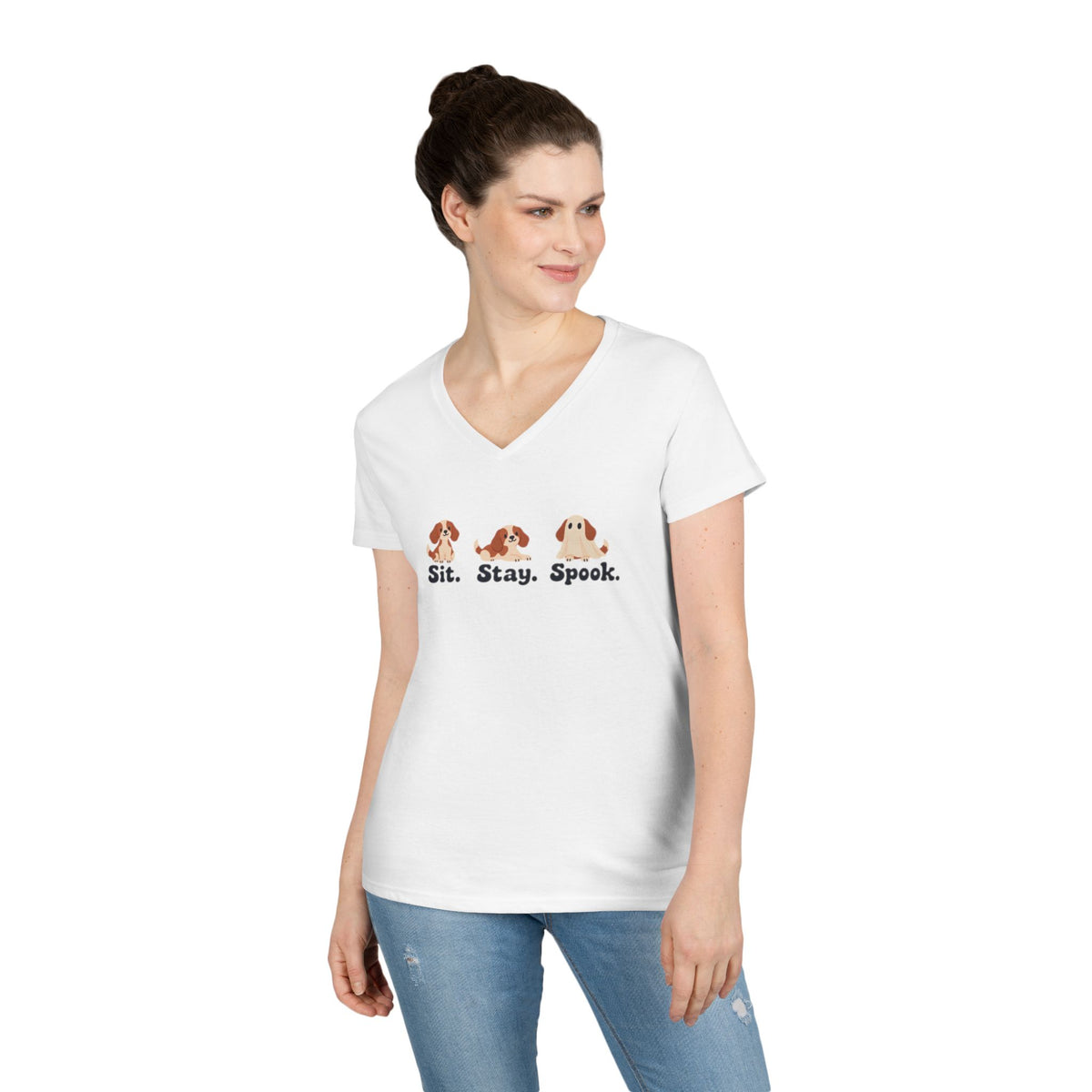 Ladies' V-Neck T-Shirt — Cute Halloween Dog Tee “Sit. Stay. Spook.”